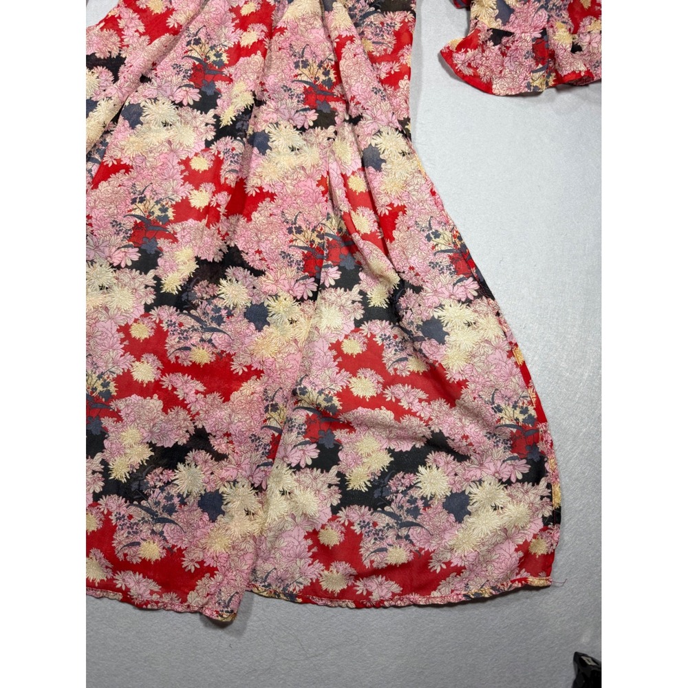 Sheer Whimsy Fairy Boho Feminine Floral Duster Red Pink Ruffle Sleeve S/M - Picture 5 of 16